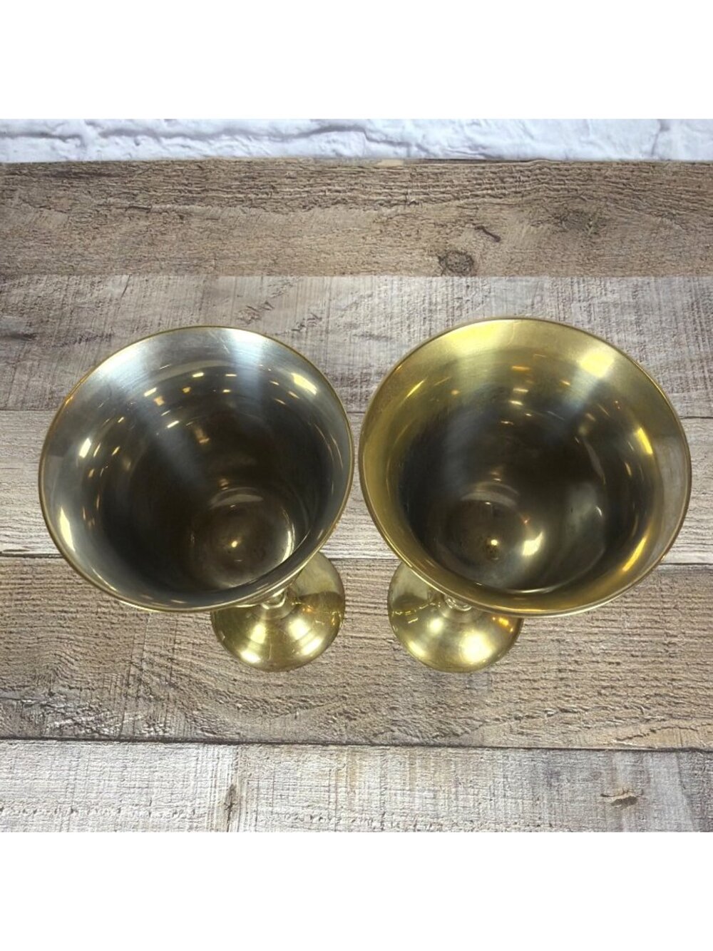 VTG 1970s Mixed Metal Brass & Silver Tone Pair Wine Goblets Set of 2 MCM Barware - Picture 3 of 11